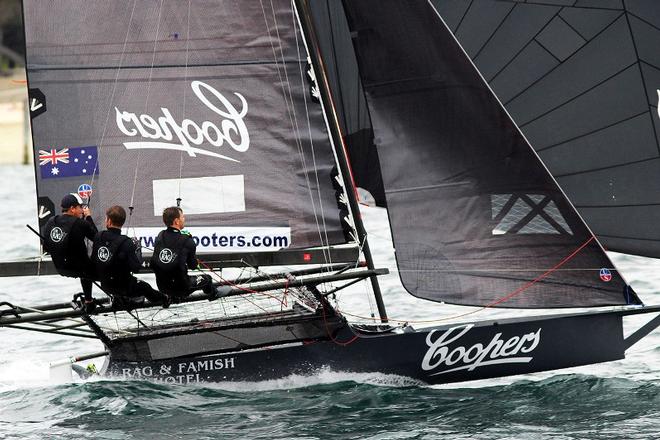 Coopers 62-Rag and Famish Hotel led as spinnakers were set for the first run ©  Frank Quealey / Australian 18 Footers League